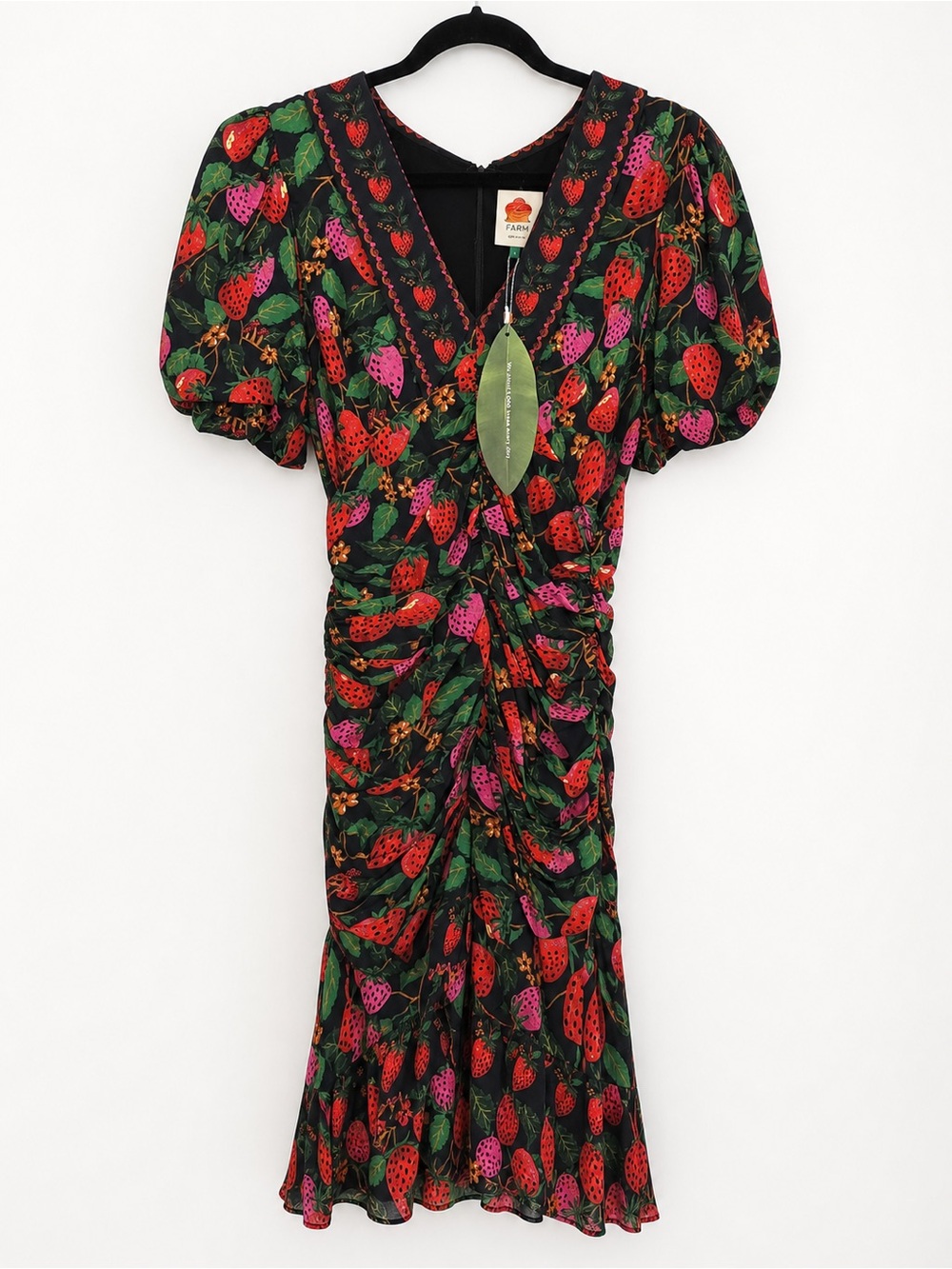FARM Rio Black Strawberry-Print Ruched V-Neck Dress with Puff Sleeves